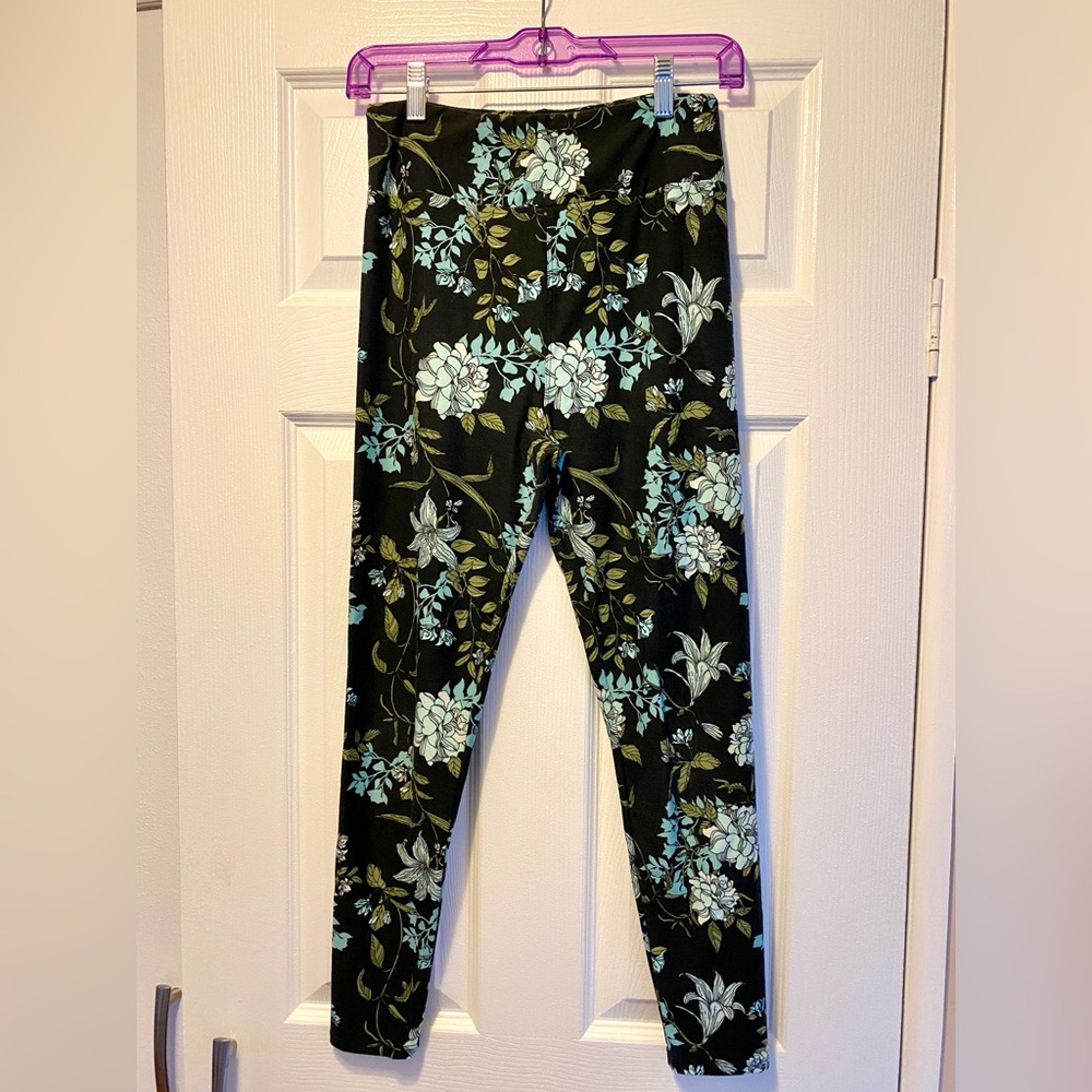 Floral Women’s LulaRoe Leggings - Black and Green Floral Print